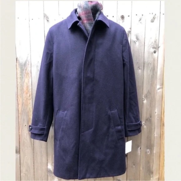 Lands' End Men's Wool Top Coat Navy Blue Overcoat Leather Trim Sz:S (34-36) *NEW - Picture 2 of 5
